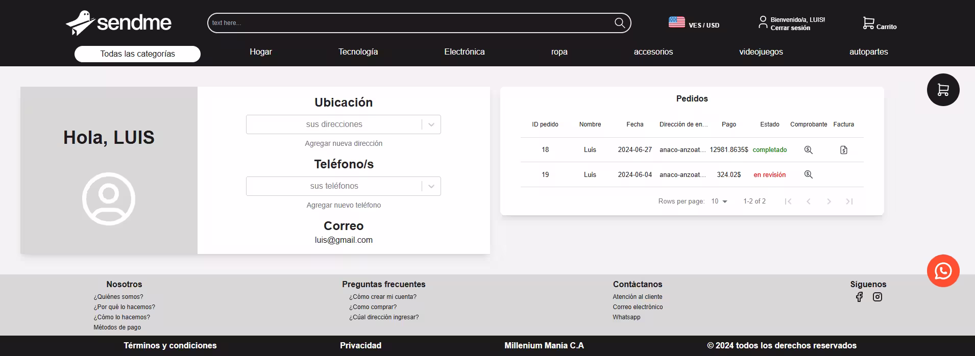 Sendme web, Profile page screenshot