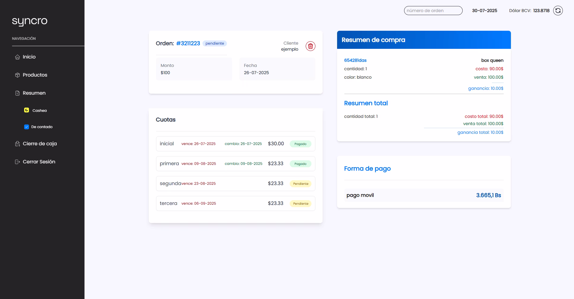 Syncro app, operation page screenshot